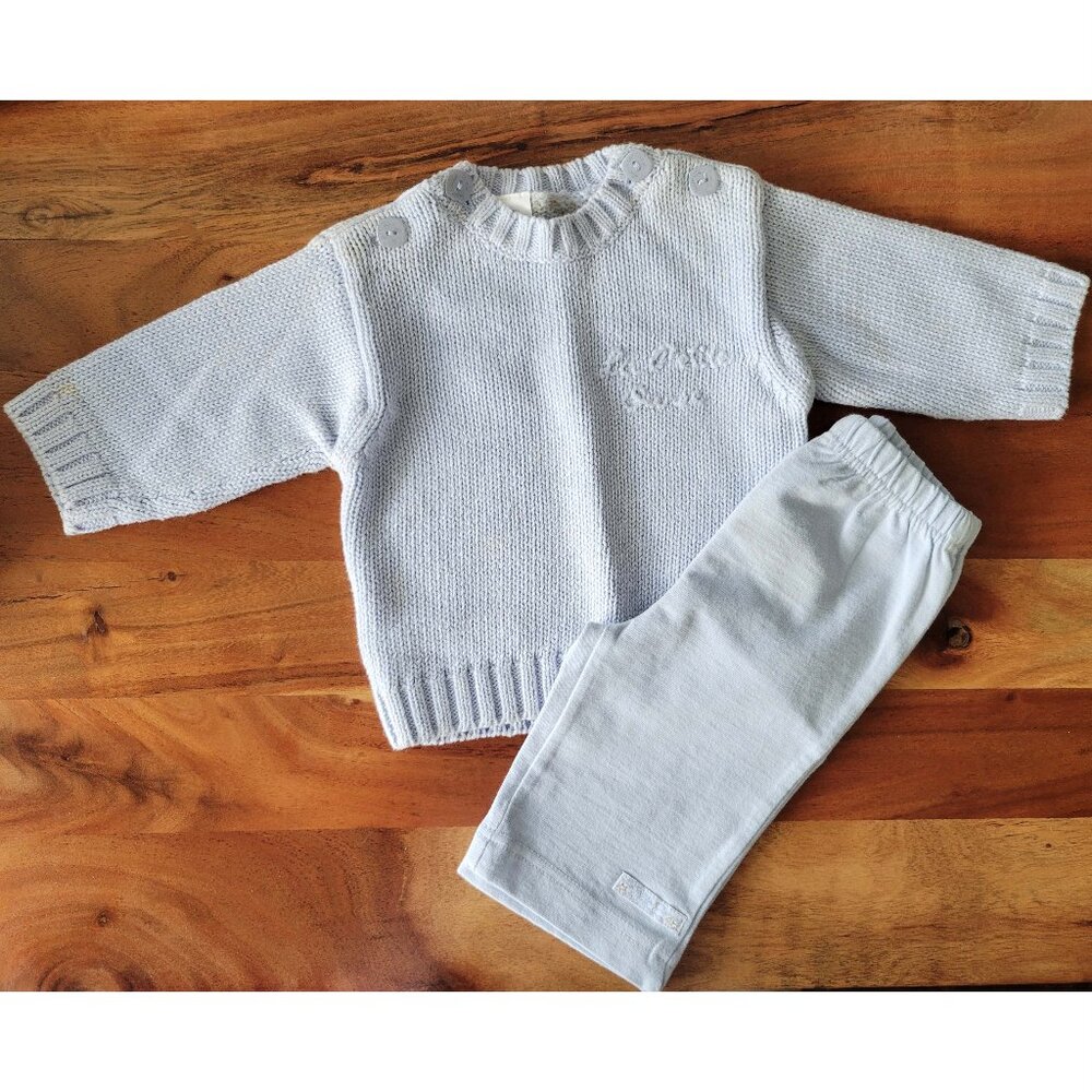 **SOLD** Petite Ourse Baby Boy 0-3 M Cotton Blue Pullover Sweater & Pants 2Pc - Picture 2 of 9